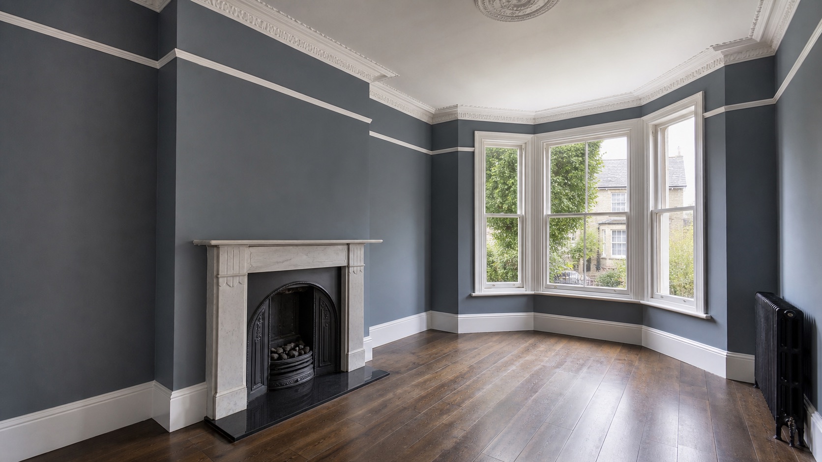 Illustrative visualisation of a Victorian sitting room with blue-grey walls and white coving