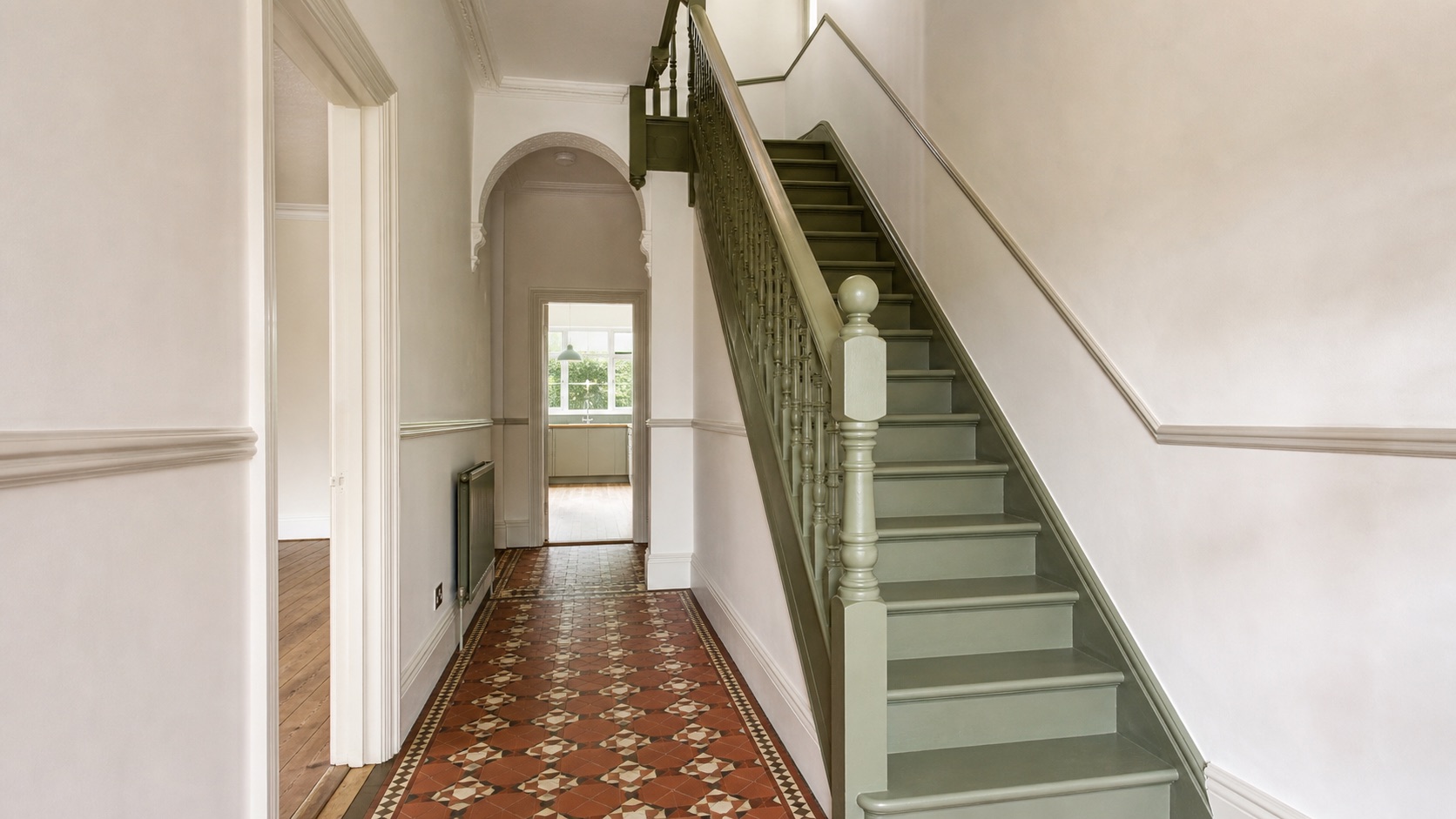 Illustrative visualisation of a sage-green staircase and off-white period hallway